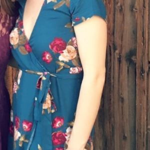Blue floral wrap dress